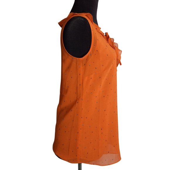 Cabi XS Tank Top Blouse Sleeveless Orange Sprinkle Polka Dot Ruffle Collar 3764 - Picture 4 of 9
